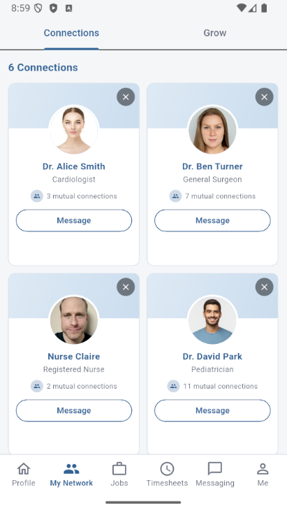 Mobile network screen listing the professional’s existing connections.