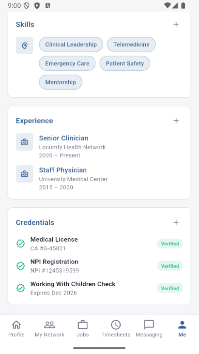 Mobile app credentials screen listing a medical license, NPI registration and background check, each marked verified.