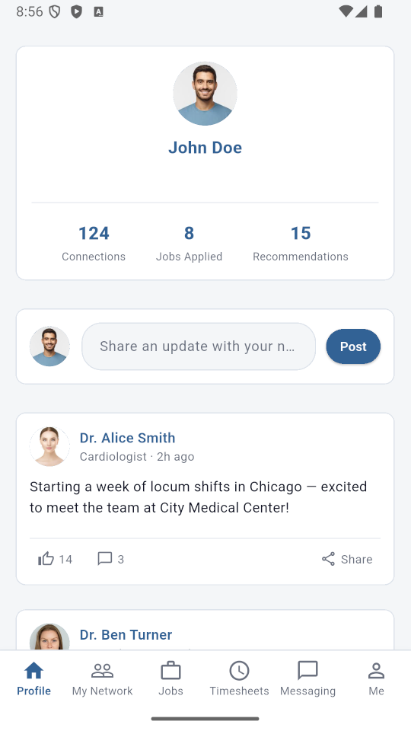 The Locumfy mobile app showing a clinician's profile summary and a feed of posts from their professional network.