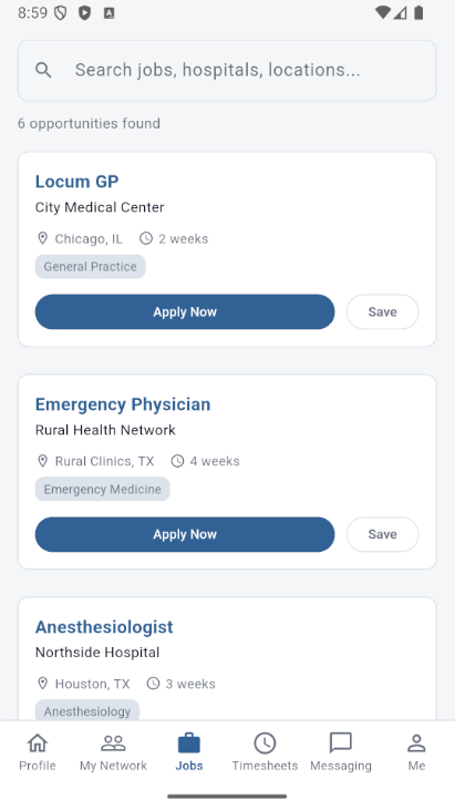 Mobile jobs list with search, facility, location, duration and specialty for each opportunity.