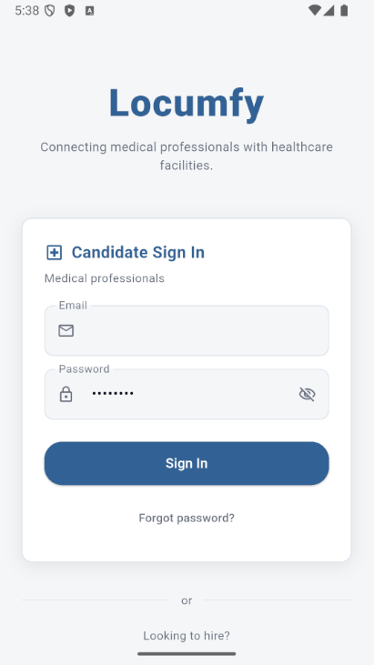 The Locumfy mobile sign-in screen.