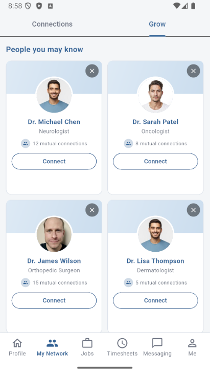Mobile Grow tab with suggested clinicians and their mutual connections.