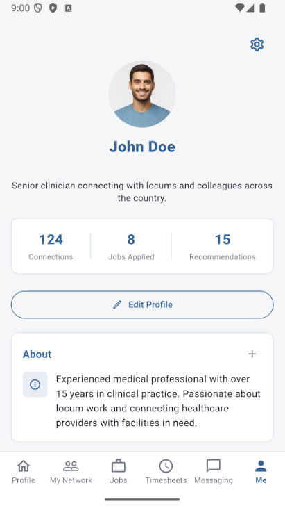 Mobile profile with photo, connection counts, about section, skills and experience.