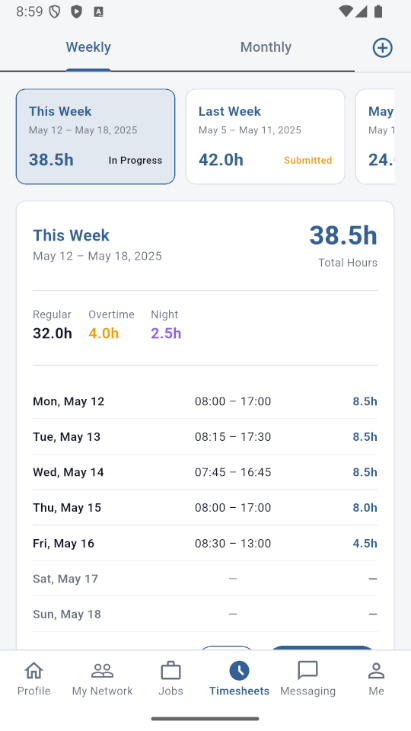 Mobile timesheets screen with weekly and monthly tabs, total hours and a day-by-day breakdown.