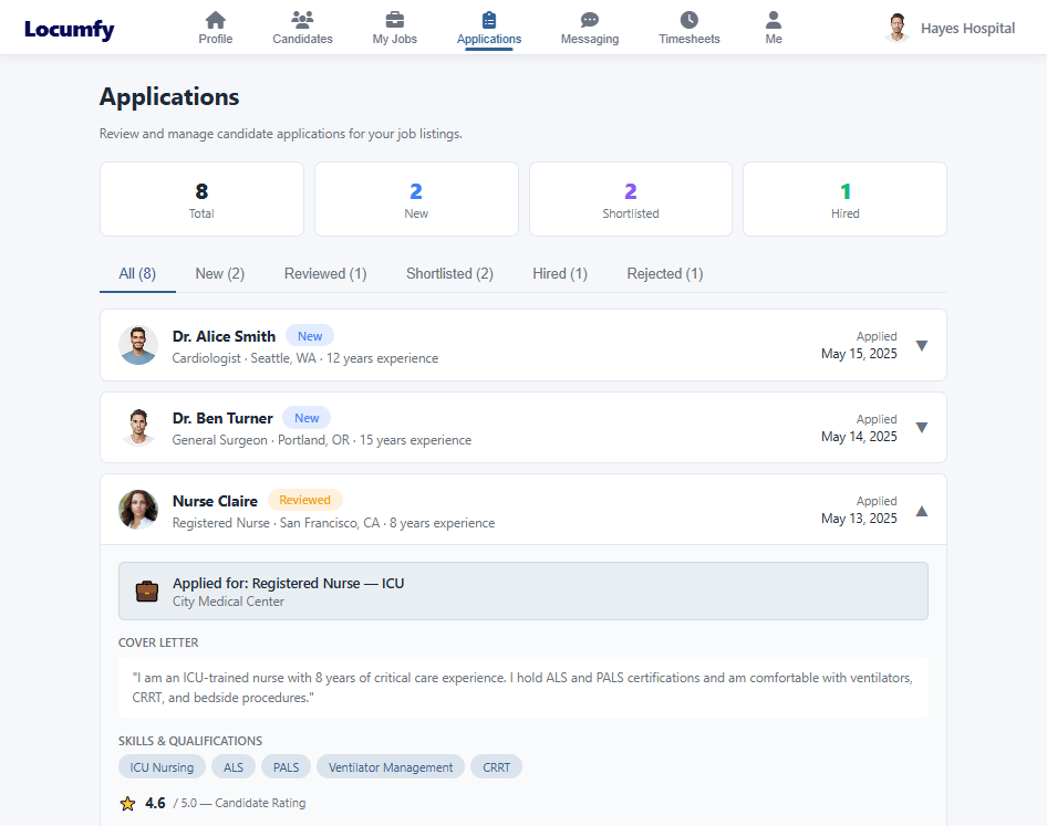 The Applications page with pipeline counts and an expanded applicant showing cover letter and skills.