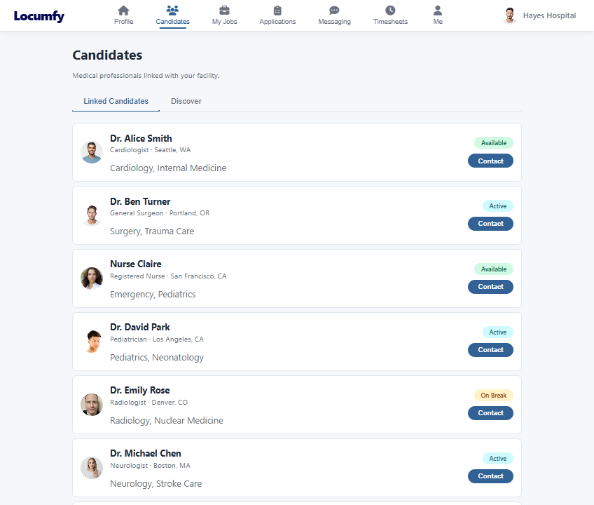 The facility web portal showing a list of linked candidates with profession, location, specialties and availability.
