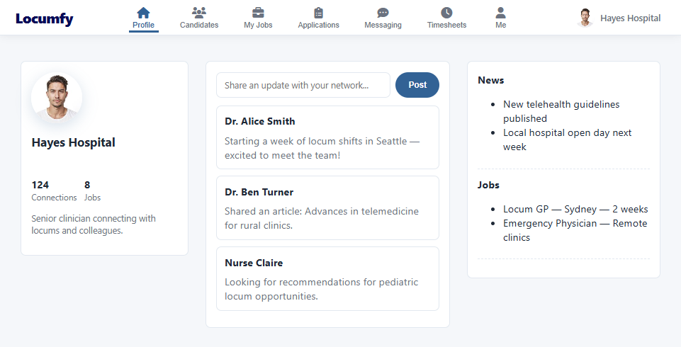 The facility profile and feed page with facility summary, post composer, posts and side panels.