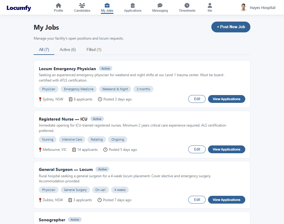 The My Jobs page listing open roles with status, tags, applicant counts and actions.