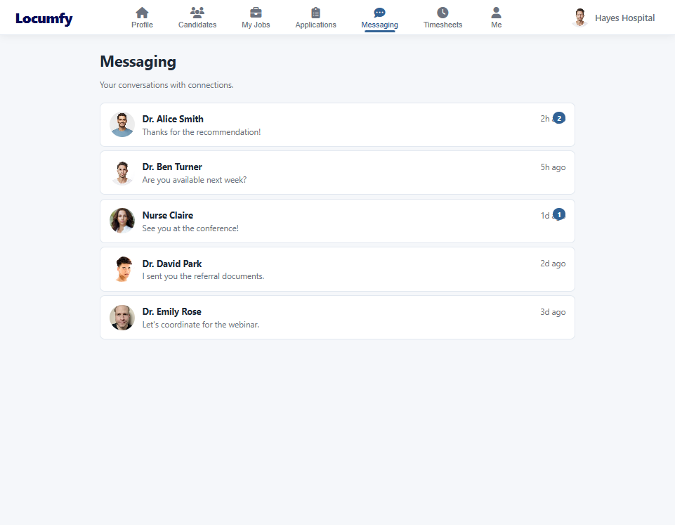 The facility messaging page with conversation list and thread.