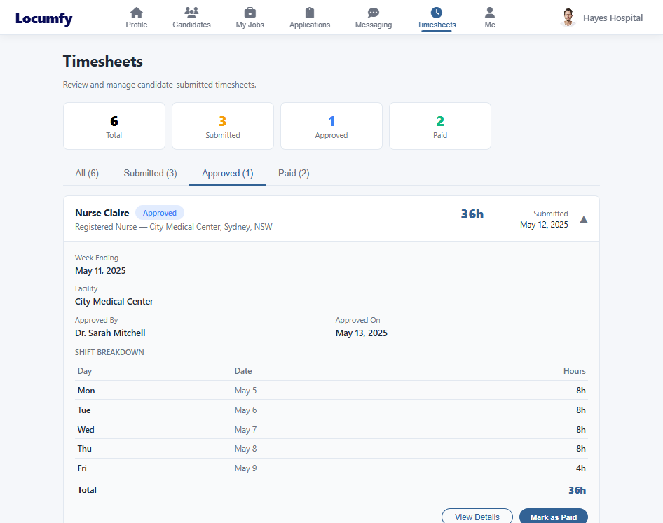 The facility Timesheets page with state counts and an approved timesheet expanded to its shift breakdown.