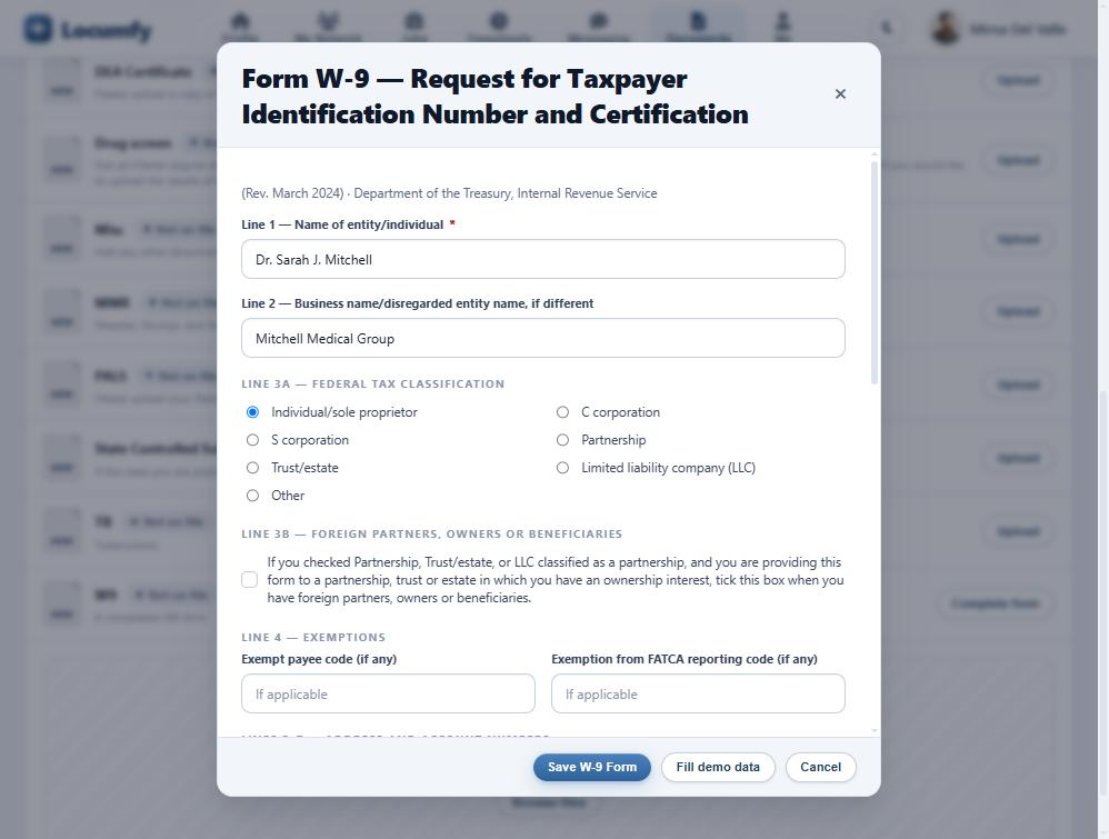 A Form W-9 generated and filled in on the web, ready to review and save to the candidate's document file.