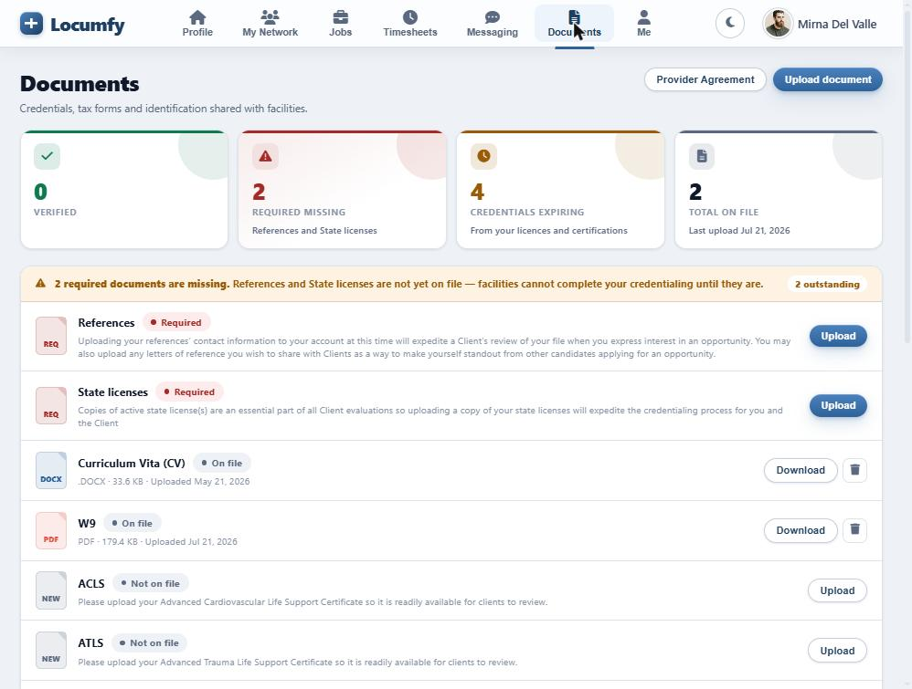 The web documents page listing required credentials, their verification status, and uploaded files on file.
