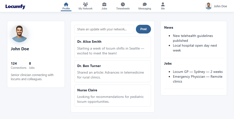 The web feed with a profile card, post composer, network posts, and side panels for news and jobs.