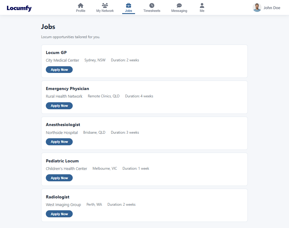 The web jobs page listing opportunities with facility, location and duration.