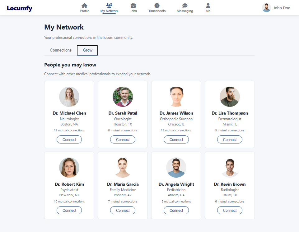 The web network page showing suggested professionals with mutual connection counts.