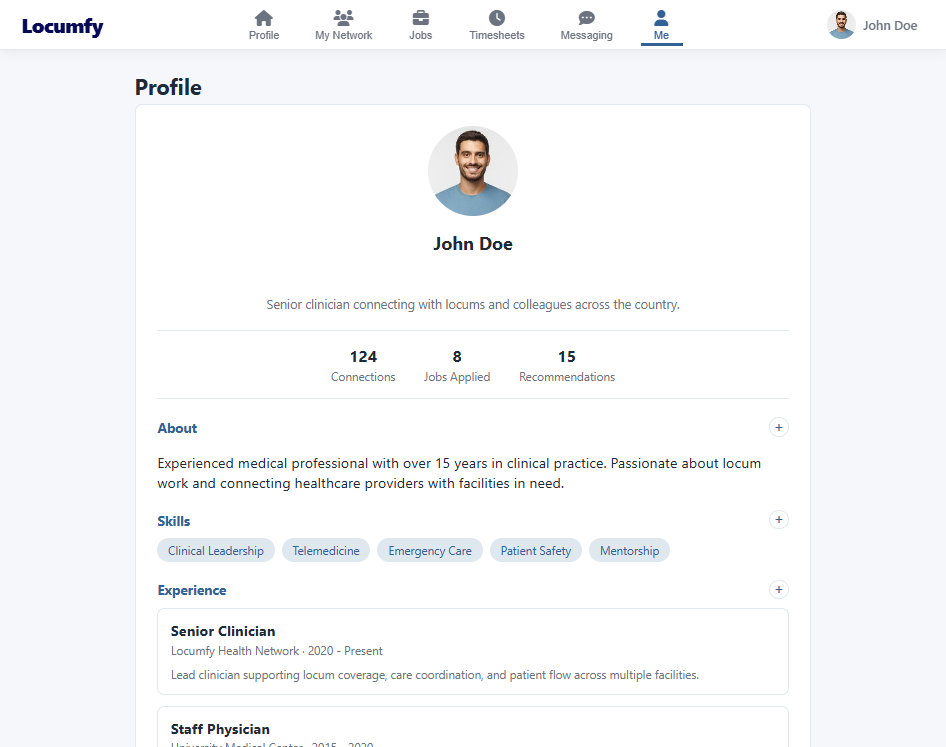 The web profile page with photo, counts, about, skills and experience.