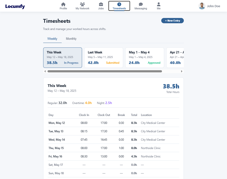 Timesheets on the web, showing week cards, total hours and a shift-by-shift table with clock in and clock out times.